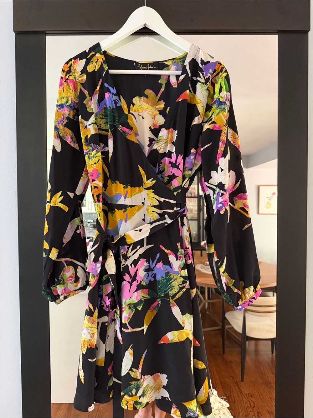 Yumi Kim Black Multicolor Floral Long-Sleeve Wrap Dress